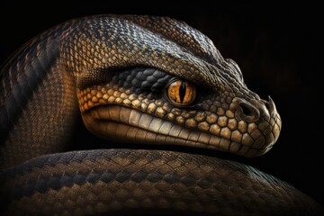 Fototapeta premium King cobra snake's head in closeup, as well as its face and other reptiles, in closeup on a dark background. Generative AI