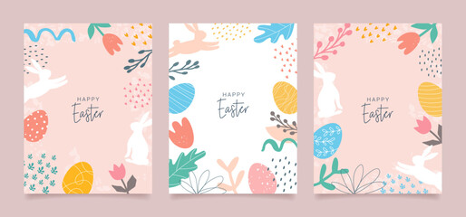 Fototapeta na wymiar Happy Easter. Set of banners, greeting cards, posters, holiday covers. Modern abstract design with typography, doodles, eggs and bunny, organic nature shapes. Trendy minimalist style.