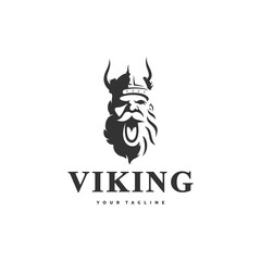 Viking head logo design. Nordic warrior symbol. Horned Norseman coat of arms. Barbarian man head icon with helmet horns and beard. Brand identity vector illustration.
