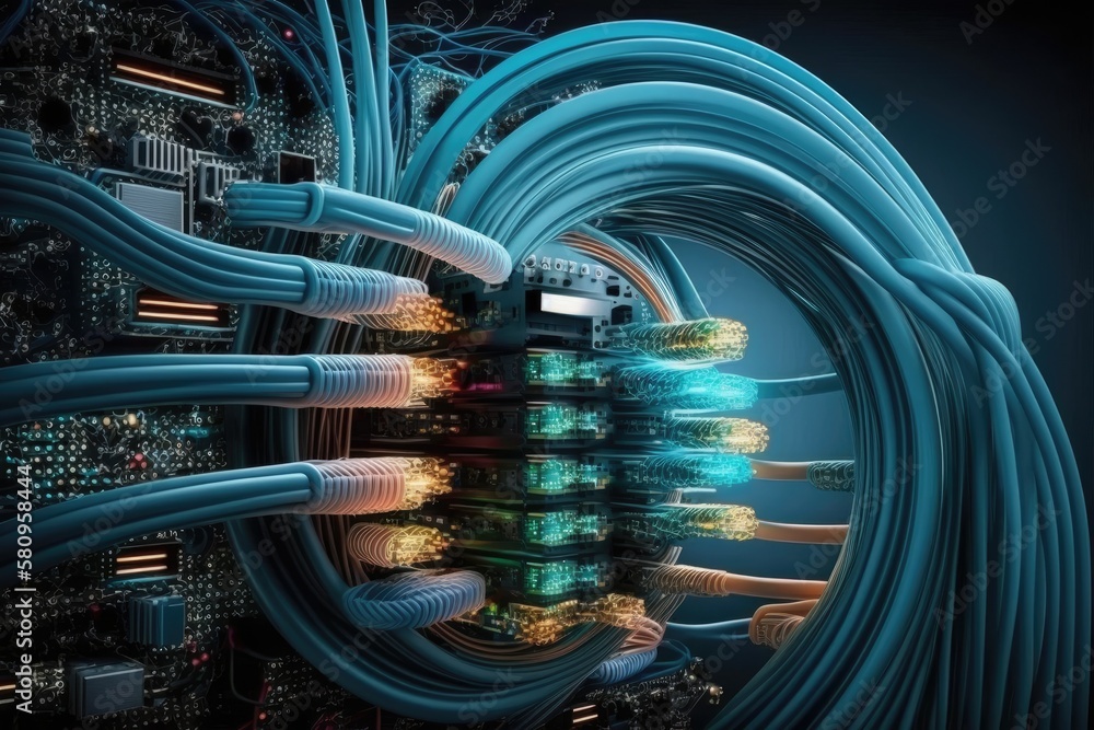 Poster data center is connected by optical fiber connections. generative ai