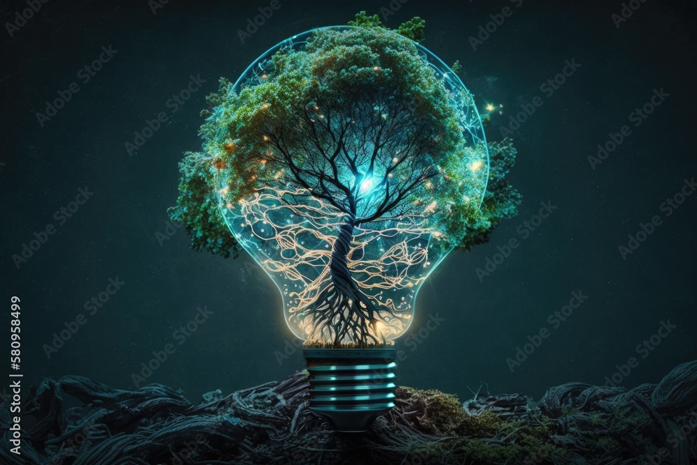 Poster lightbulb with a tree growing on it. technology convergence as well as digital convergence. backgrou