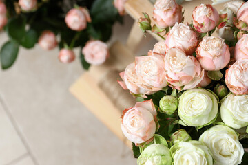 Concept of floral shop, delivery and florist, space for text