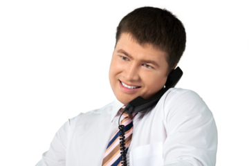 Portrait of young man in white shirt holding phone isolated on white background