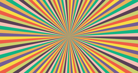 Abstract explosion background in colorful retro rainbow gradient. Glare effect. Sunlight sparkle pattern. Radial rays vector illustration. Narrow beam. For backgrounds, posters, banners and covers.
