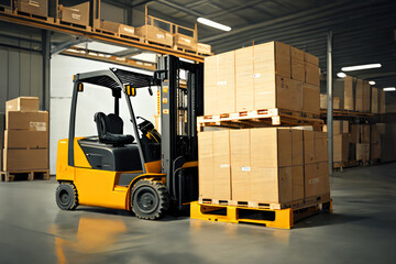Forklift loads pallets and boxes in warehouse . ai generative