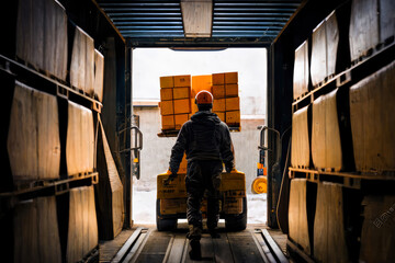 Fototapeta na wymiar worker with orange helmet seen from behind Forklift loads pallets and boxes in warehouse . ai generative