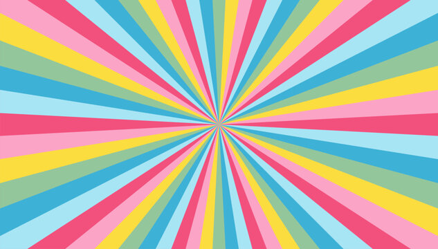 Abstract explosion background in colorful retro rainbow gradient. Glare effect. Sunlight sparkle pattern. Radial rays vector illustration. Narrow beam. For backgrounds, posters, banners and covers.