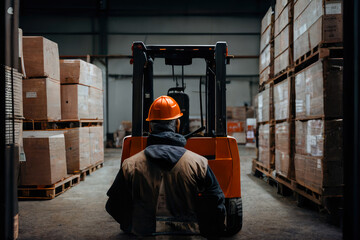 Fototapeta na wymiar worker with orange helmet seen from behind Forklift loads pallets and boxes in warehouse . ai generative