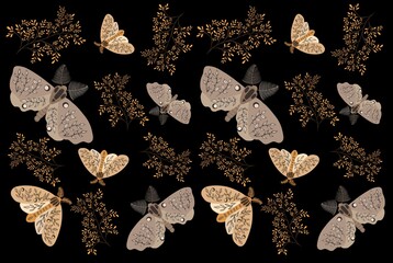Seamless pattern with moths and golden branches with leaves on black background
