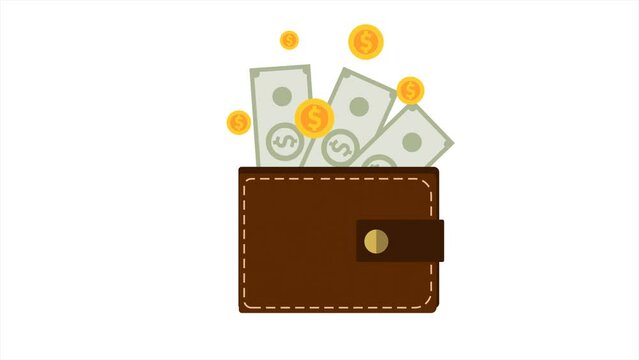 Wallet with money and coin icon isolated on white and chromakey background 4K Video motion graphic.