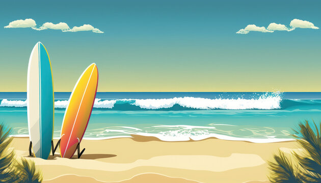 Surfboard on tropical beach abstract background. Graphic illustration design. Generative ai