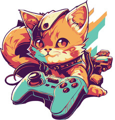 Cat gamer with game joystick plays on game console.. © Ivan