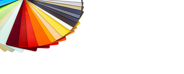 Obraz premium Banner of a color guide displaying a range of hues for use in interior design and decoration. Colorful color guide with a palette of paint samples on white background with copy space