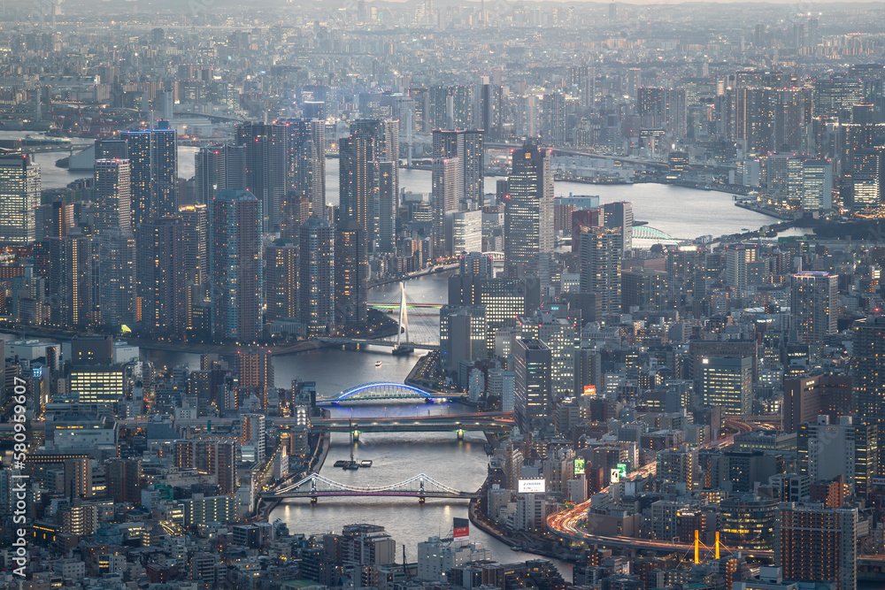 Poster Tokyo from above at sunset in Japan.