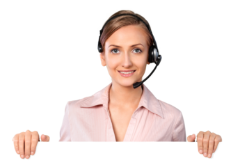 Portrait of a Female Phone Operator in Headset Behind Blank Wall