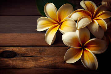 Beautiful Frangipani Plumeria flowers on wooden background with copy space. relaxation and meditation concept. Generative AI