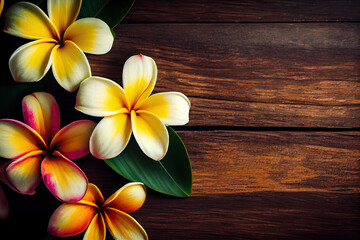 Beautiful Frangipani Plumeria flowers on wooden background with copy space. relaxation and meditation concept. Generative AI