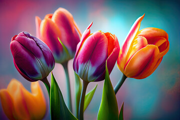 Colorful beautiful tulips. Beauty of nature. Close-up of variegated red tulips in the garden. Generative AI