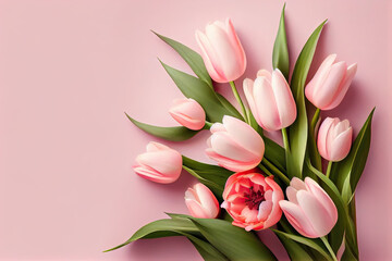Bouquet of pastel pink tulips on a pastel pink background. Valentine's Day, Easter, Birthday, Women's Day, Mother's Day. Flat lay, top view, copy space. Generative AI