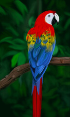red and blue macaw painting