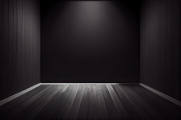 An empty light-dark wall with beautiful chiaroscuro and a wooden floor. Minimalistic background for product presentation, layout. Generative AI