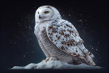 Illustration Portrait of a Snowy Owl (Bubo scandiacus) against a dark background. Spotted snowy owl on a snowy dark background. Generative AI