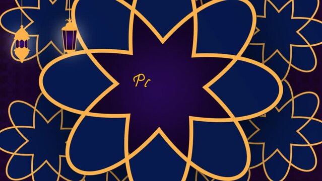 Happy Eid Mubarak animated with Islamic ornaments and an empty place for the background wishing video message. on a blue dark concept while hanging with the chain. A mandala design is animating 4k