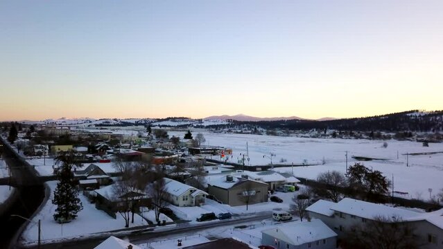 Downtown outskirts drone pan up winter early sunrise cold freezing youth for christ Spokane Washington Feb 2019