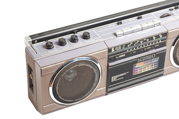 Retro portable stereo radio cassette recorder isolated on white.
