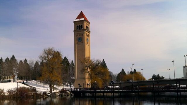 bluebird sunny clock tower mid winter river downtown Spokane riverfront pan Feb 2019