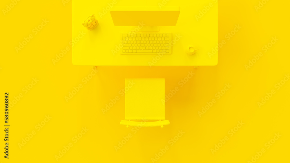 Aufkleber yellow work desk minimal concept. yellow computer with alarm clock and cup coffee on desk. 3d render