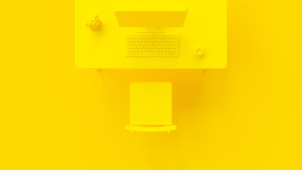 Yellow work desk minimal concept. Yellow computer with alarm clock and cup coffee on desk. 3d render.