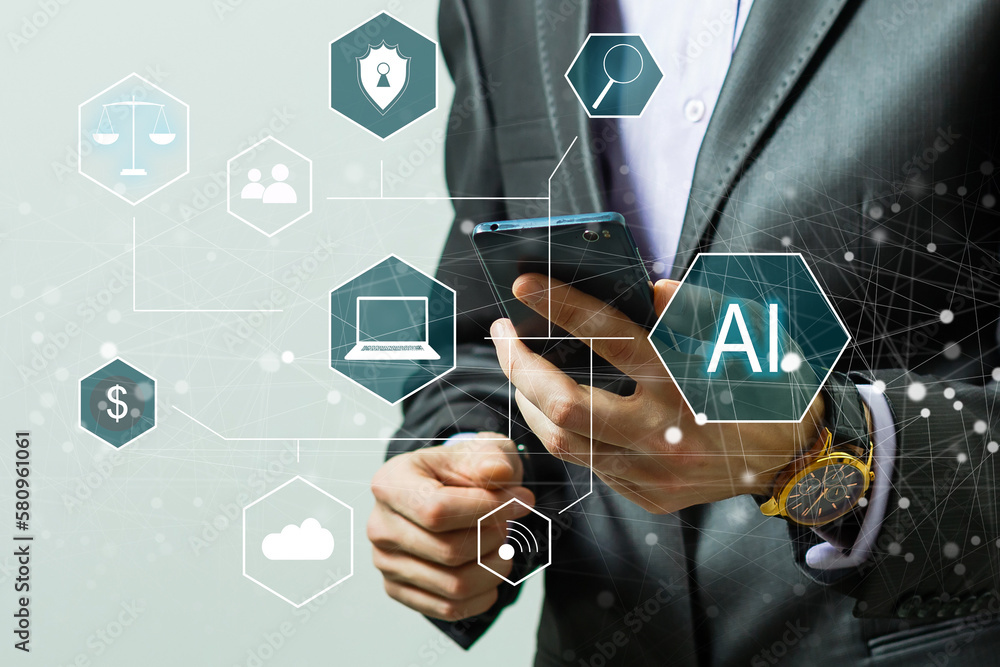 Poster artificial intelligence industry. integration computing concept. man presses brain ai gears button o