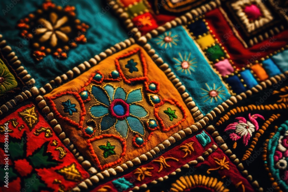 Poster india background detail of an ancient colorful patchwork carpet. a close up of several textile textu