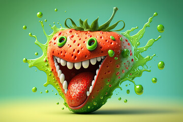 Cartoon smiling, crazy strawberry with splash liquid juice on green background, berry selection characters AI Generative