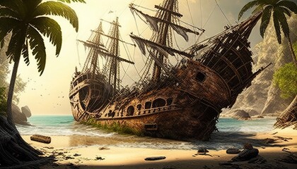 A Shipwreck on the beach of a tropical island