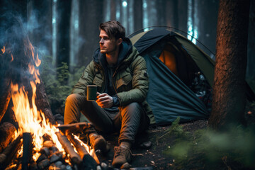 Man camping solo, bonfire and coffee, Generative AI - obrazy, fototapety, plakaty