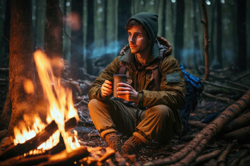 Obraz premium Man camping solo, bonfire and coffee, Generative AI