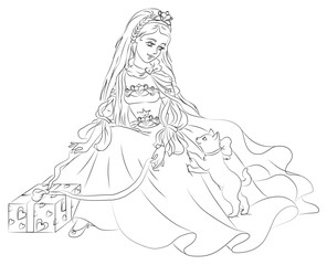 Black and white illustration of a beautiful elegant princess with a kitten and a festive gift box. Vector 
coloring book.