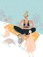 Woman meditating at the chicken yard. Doing yoga hand-drawn illustration 