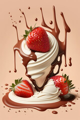 Flying strawberries with splash liquid chocolate and whipped cream on beige background, dessert decoration. AI Generative