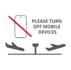 turn off smart phone device, airplane take off and departure, arrival icon