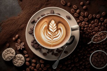 Coffee or a cappuccino with milk and roasted beans. espresso background. Generative AI