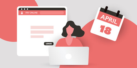 Tax Day Reminder Concept - Using Internet, App, Web Site for IRS Federal Income Tax Document Return - Woman Behind a Laptop - USA Tax Deadline, Due Date: 18th April, Year 2023