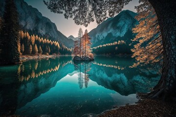 Lake Hintersee at sunrise in the fall. A lovely scene of trees and the turquoise Hintersee lake water. Location Ramsau Resort, Berchtesgadener Land National Park, Upper Bavaria, Germany Europe's Alps