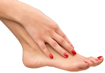 Tuinposter Female Hand and Foot with Red Manicure Isolated © BillionPhotos.com