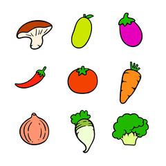 set of vegetables drawing with solid color