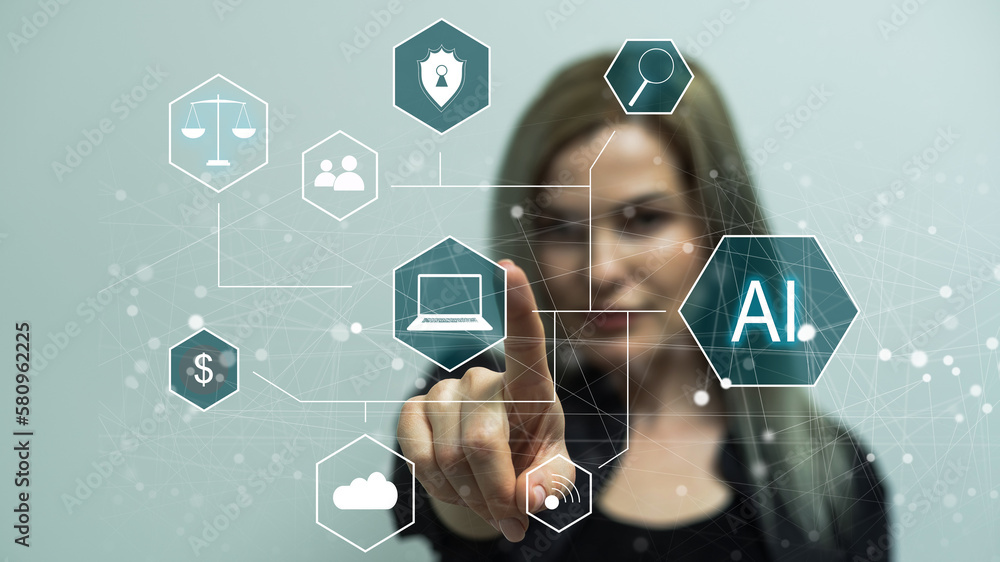 Poster hand touching digital chatbot for provide access to information and data in online network, robot ap