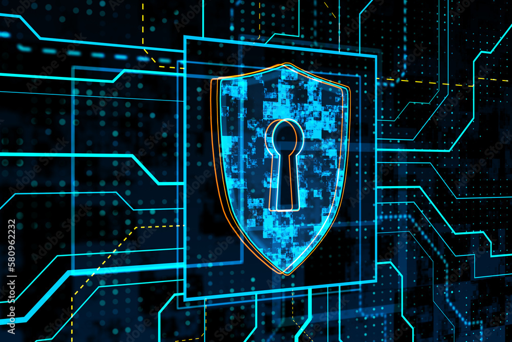 Poster glowing safety and security circuit shield shield hologram on blurry background. 3d rendering.