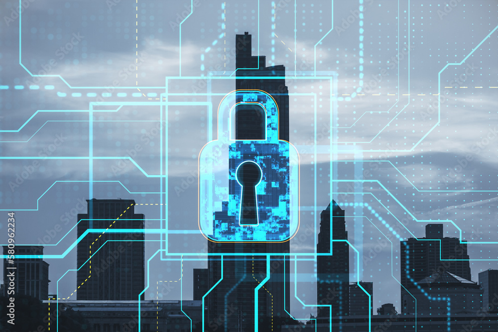 Poster glowing safety and security circuit padlock hologram on blurry city backdrop. double exposure.